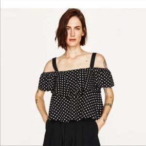 Zara Polka Dot Ruffle Off The Shoulder Top XS